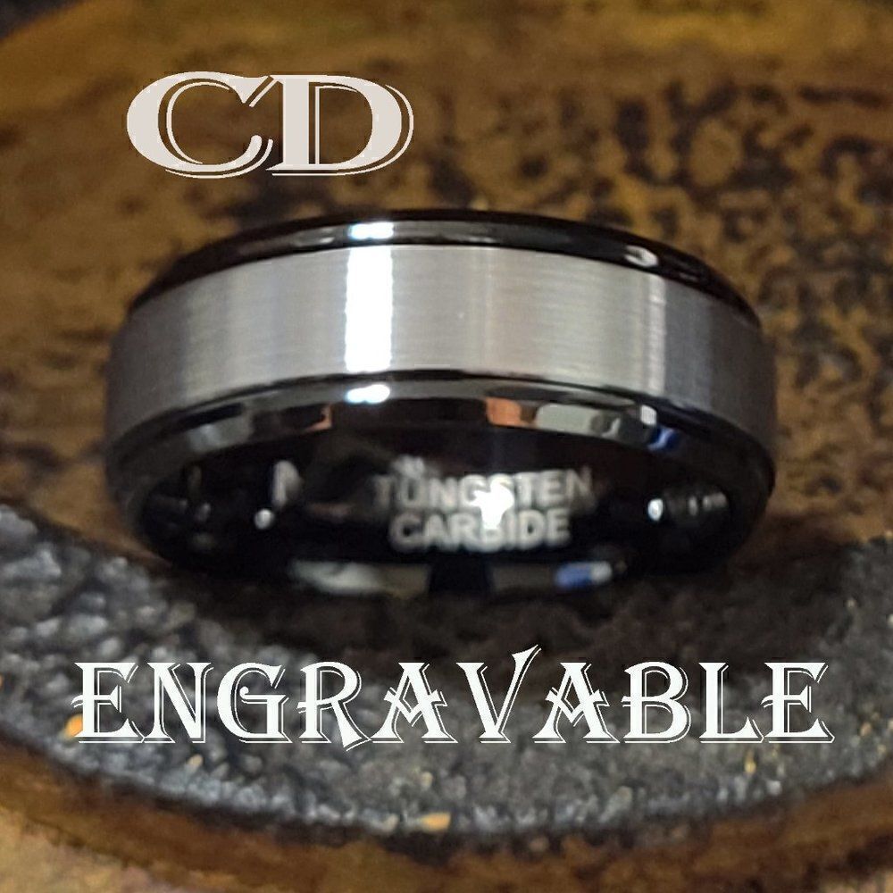 Engraved Men's Real Black and silver Tungsten Wedding Ring Black and Silver Band